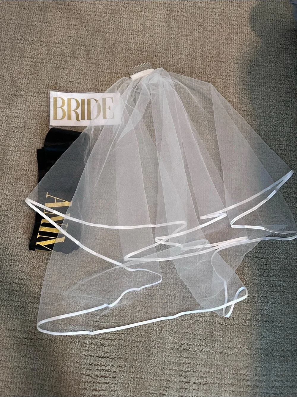 White Bridal Veil with 'Bride' and Black 'ANNY' Sashes